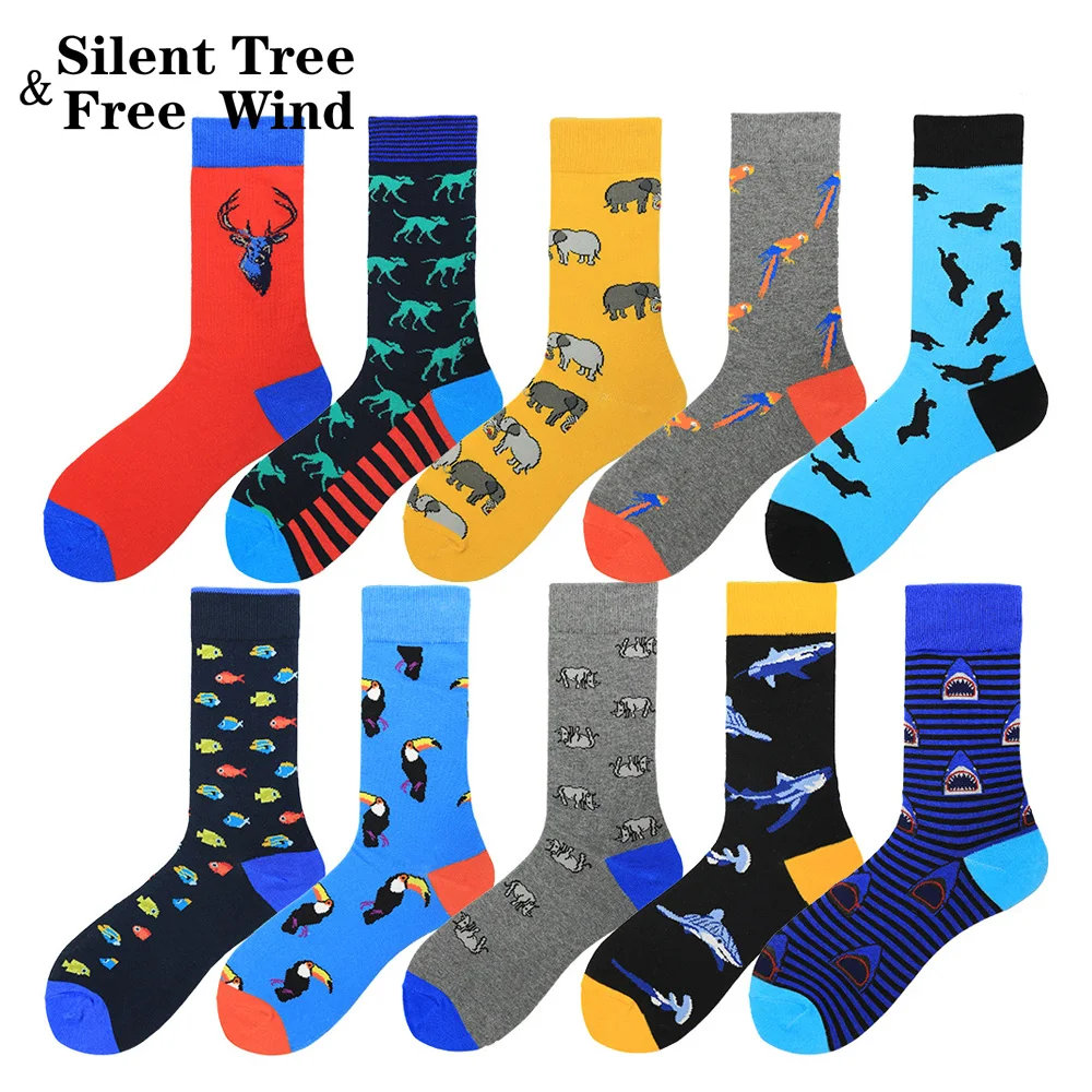 

Men Funny Animal Crew Sock Harajuku Shark Dachshund Bird Rhino Wolf Cartoon Men's Long Dress Sock For Party Street