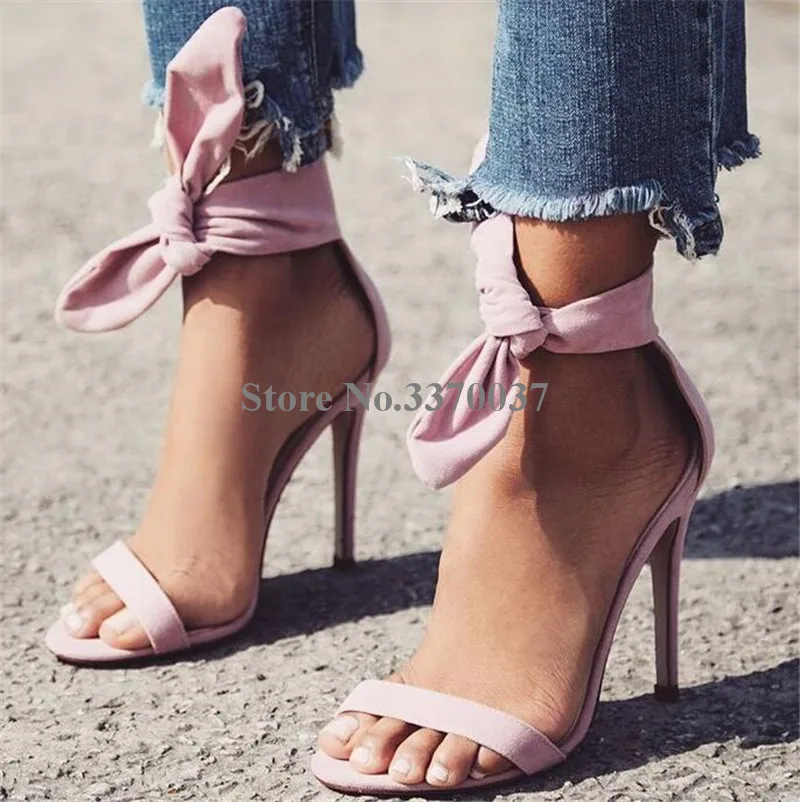 

Summer Beautiful Women Ankle Bowtie Suede Leather One Strap Sandals Yellow Pink Thin Heel Ankle Wrap High Heel Sandals