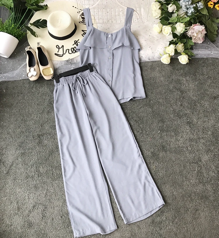 Женский однобортный костюм ALPHALMODA топ на бретельках с воланами + широкие брюки