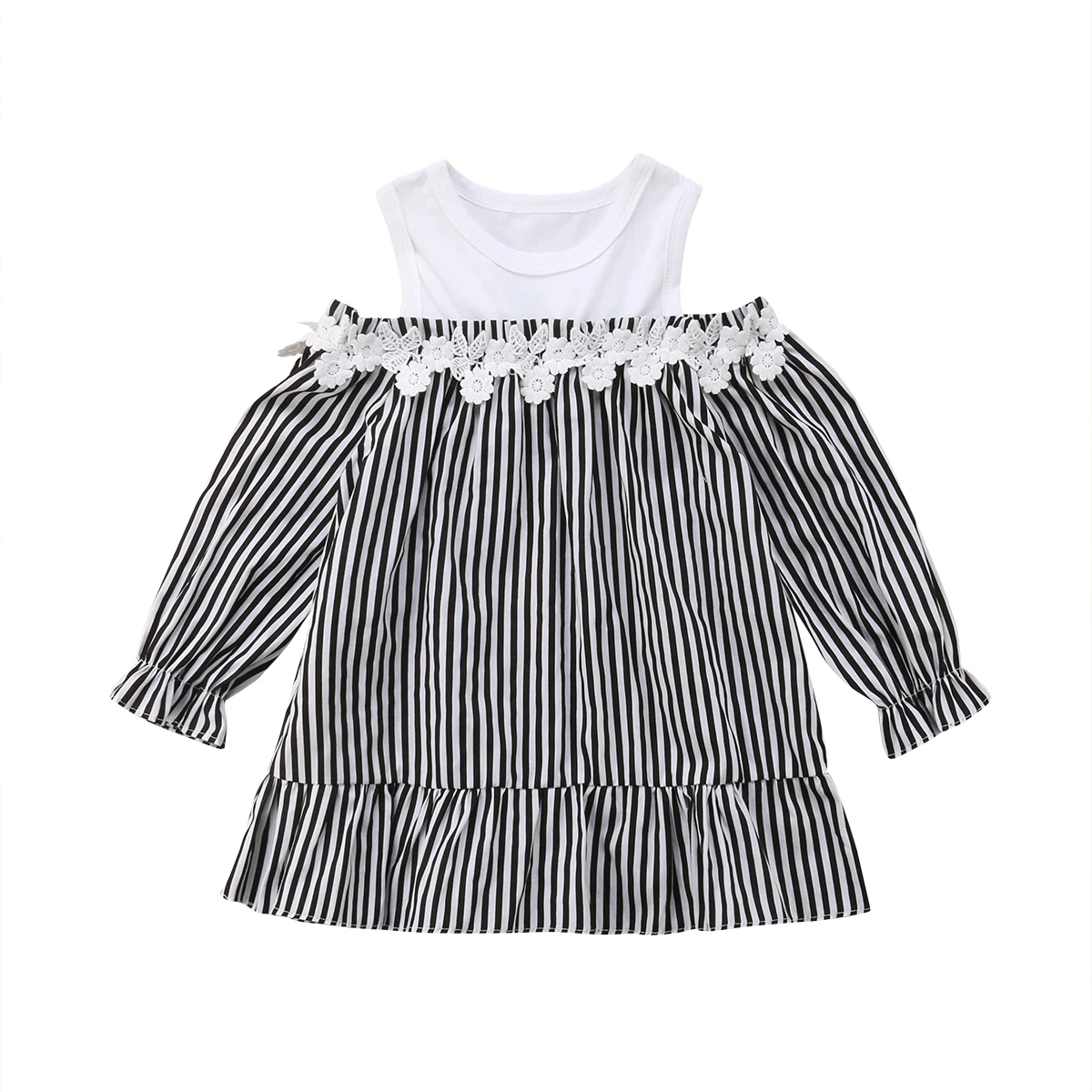 Casual Newborn Infant Kids Baby Girls Clothes Off Shoulder A-line Princess Dress Boutique Long Sleeve Striped T-shirt | Детская одежда