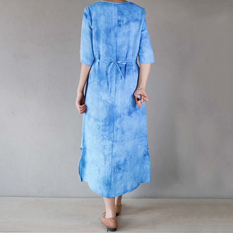 EaseHut Урожай Длинное платье Женское Tie Dye Принт полурукав Сплит без рукавов 5XL Большой Размер Платье Назад Восточный халат платье макси платье