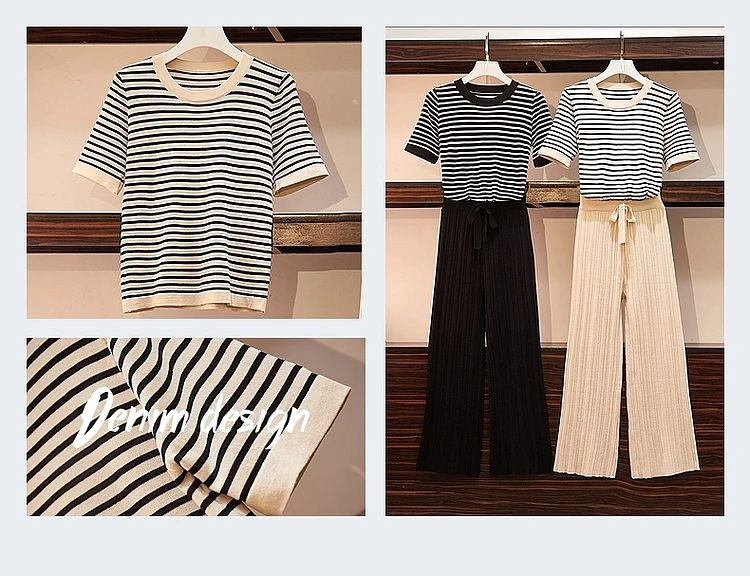 ALPHALMODA, Женская Полосатая трикотажная футболка, топ+ Широкие трикотажные брюки, лето-осень, 2 шт., повседневные комплекты, женские вязаные штаны, костюмы