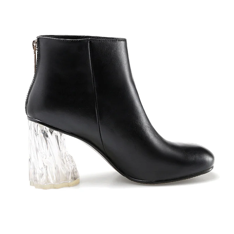 Top Quality Women Winter Boots Genuine Leather Square Toe High Heel Black Transparent Back Zipper Ankle | Обувь