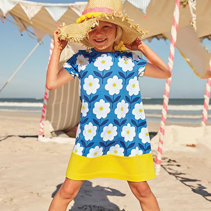 Dxton Kids Girls Dress Flower Printed Princess Children Short Sleeve Summer Costumes Patchwork For | Детская одежда и обувь