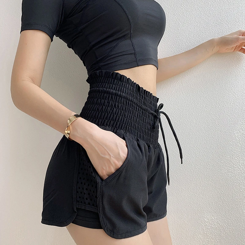 SALSPOR, летние, двухслойные, в горошек, спортивные шорты для женщин, с контролем живота, на шнуровке, для йоги, шорты для девушек, для спортзала, быстросохнущие, для фитнеса, короткие штаны