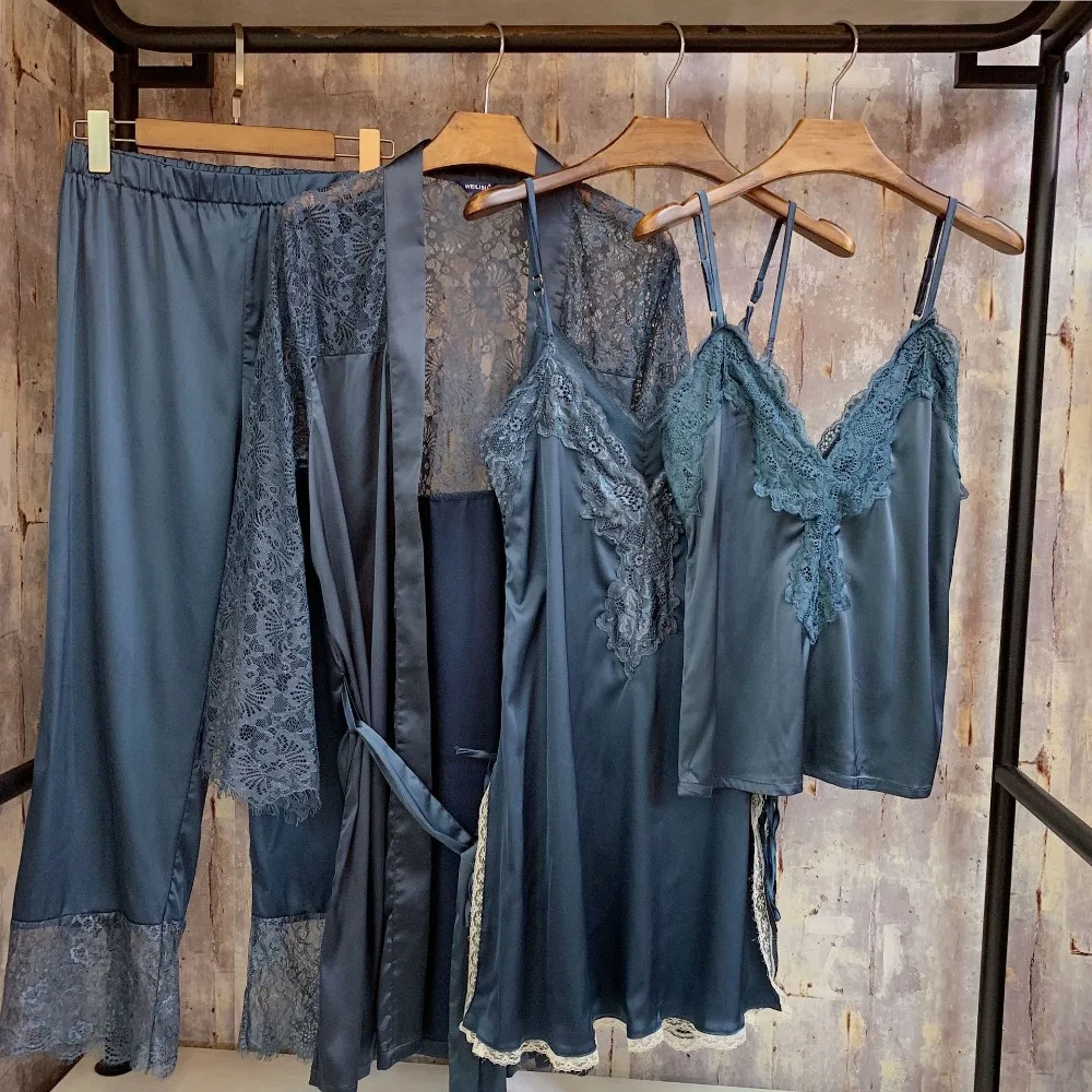 Silk Pajamas For Women Satin Sets Long Sleeves nightwear nightgown 4 piece set Top+Pants | Женская одежда