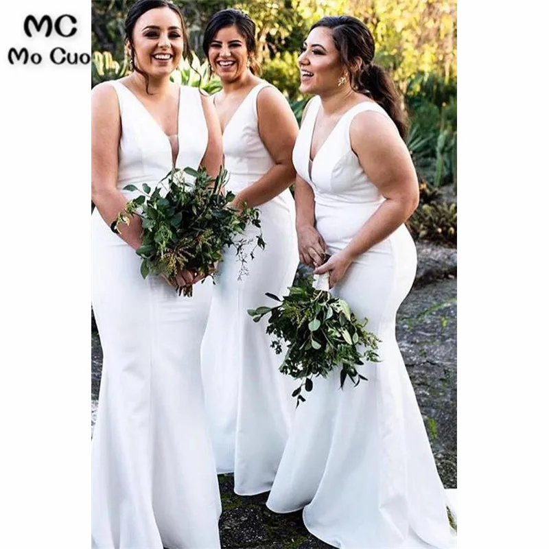 

Wholesale 2019 Ready Ship Mermaid Bridesmaid Dresses Long Tank V-Neck Satin Maid Of Honor Gowns White Bridesmaid Dresses