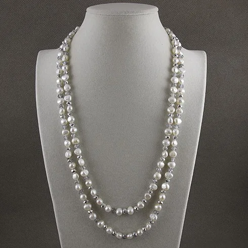 

Unique Pearls jewellery Store 120cm Long Pearl Jewelry Gray Crystal Beads 7-8mm Baroque White Freshwater Pearl Necklace