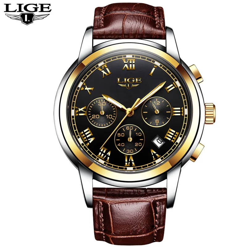 L Gold black LIGE, мужские часы, Модный Топ бренд, роскошные деловые автоматические механические часы, мужские повседневные водонепроницаемые часы, мужские часы+ коробка - Цвет: L Gold black