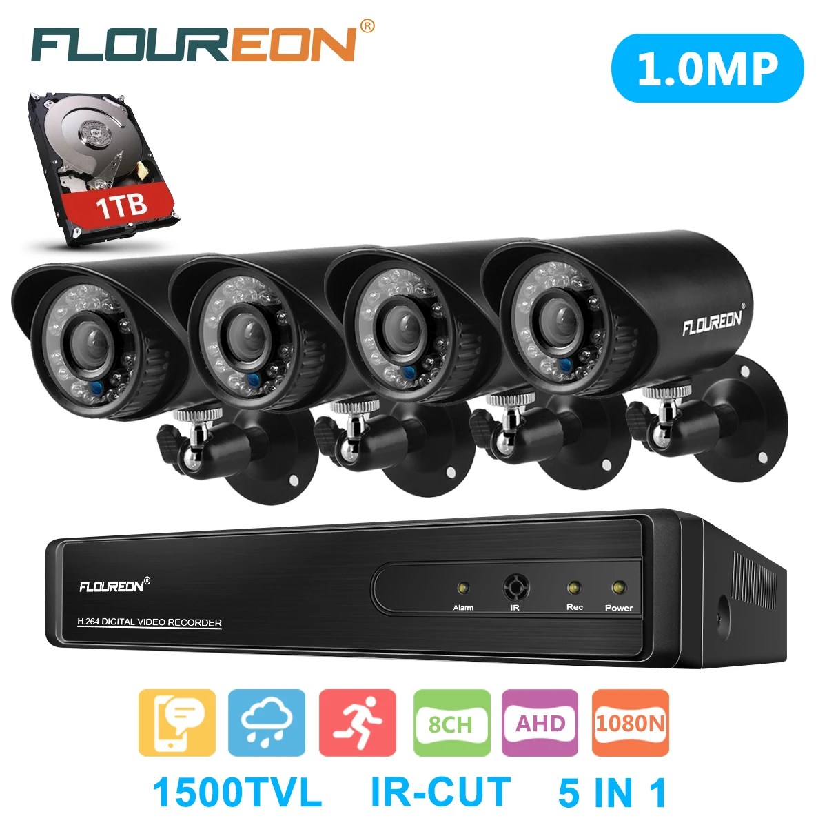 Floureon 1 X 8CH 1080N AHD DVR + 4 Открытый 1500TVL 720 P 1.0MP аналоговая камера видеонаблюдения
