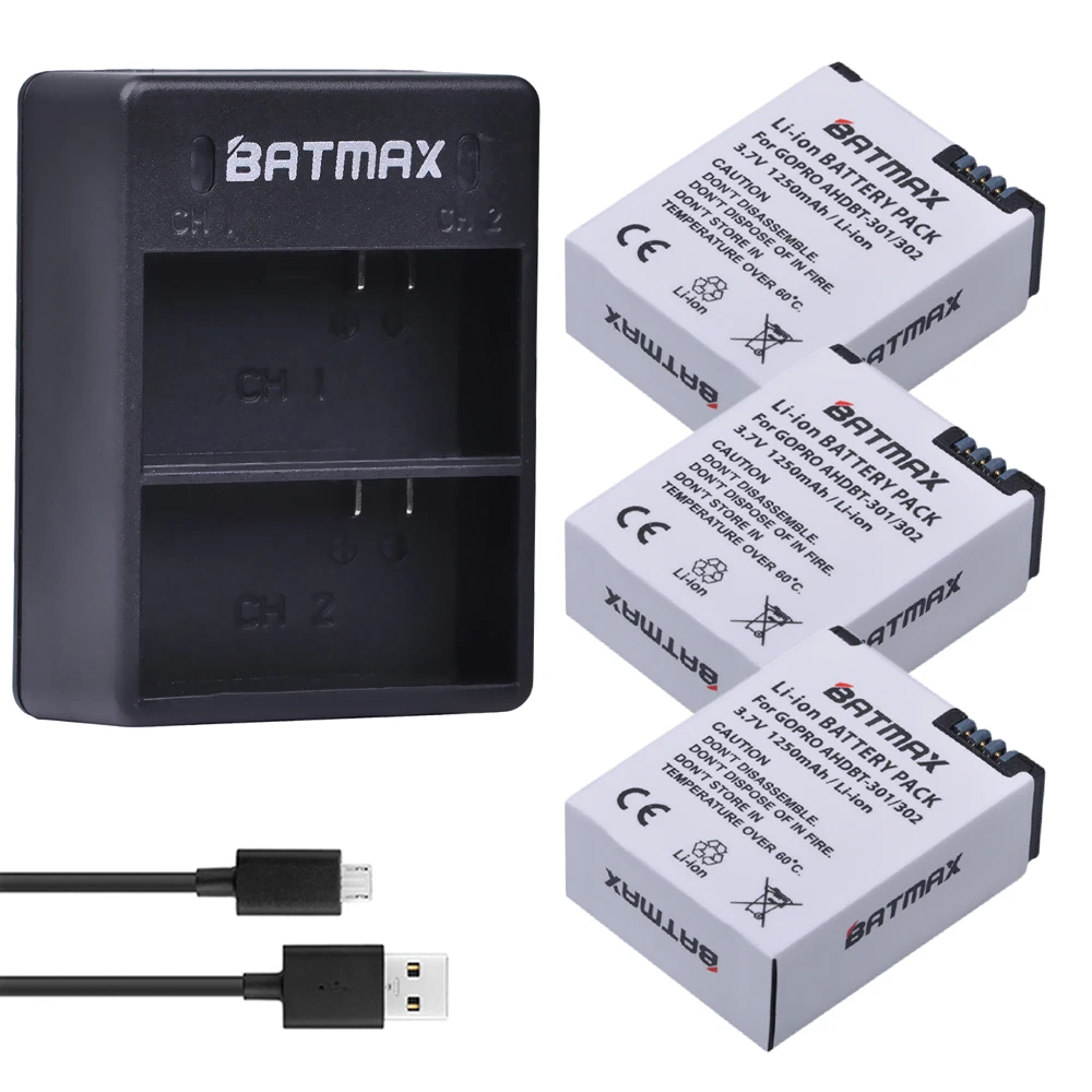 Batmax 3 шт. AHDBT-301 аккумуляторная батарея + USB двойное зарядное устройство AHDBT-302 для