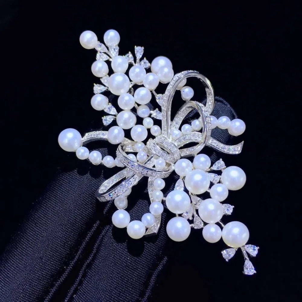 

natural fresh water pearl brooch bowknot vintage royal court 925 sterling silver cubic zircon 37*66MM fine women jewelry
