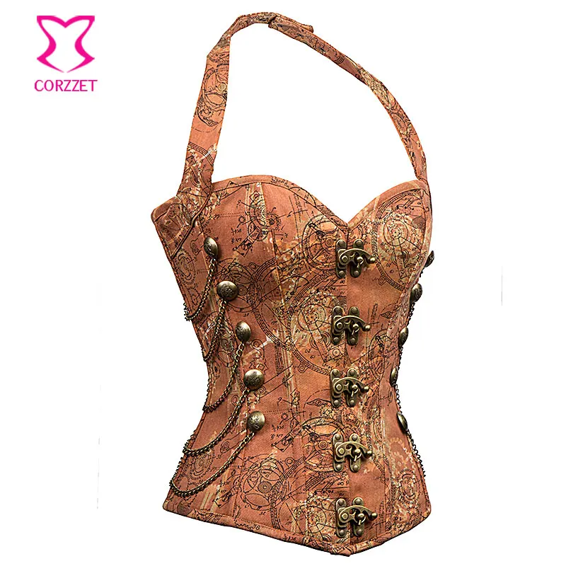 Корсет Corzzet сексуальный с лямкой на шее из джинсовой парчи в стиле стимпанк Overbust