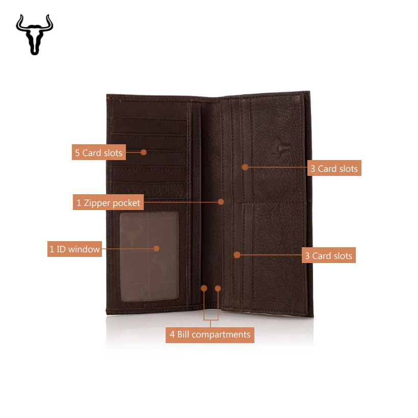 Mingclan Luxury Brand Top Genuine Cowhide Leather Men Long Clutch Wallet Vintage Card Holder Travel Wallets Purse Male Handbag