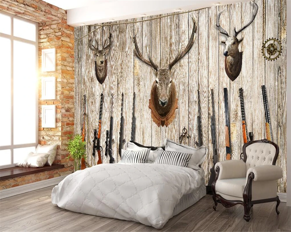 Beibehang Custom wallpaper Personality deer shotgun hunting nostalgic mural background wall decoration 3d | Обустройство дома