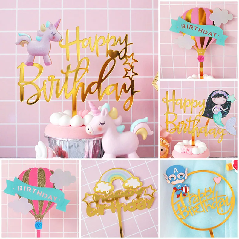 Фото Золотые акриловые счастливые топперы для торта на день рождения Единорог кекс