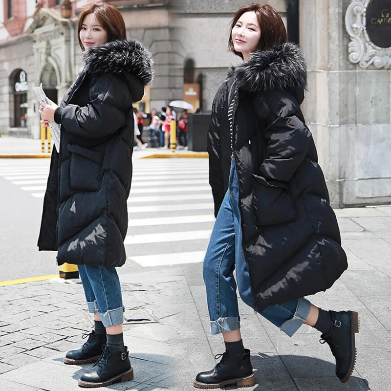 Winter Coat Women Large Fur Collar Hooded Long Jacket Thicken Warm Korean Padded Parkas 2018 New Oversized Loose Parka LY1208 | Женская