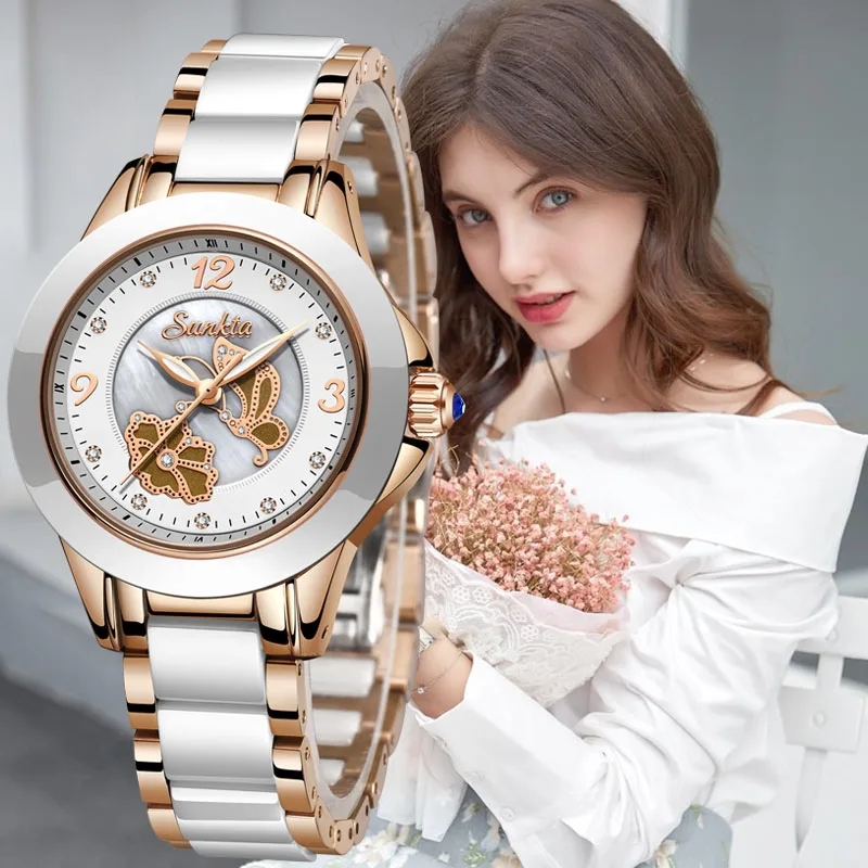 

SUNKTA Ceramics Watch New Women Quartz Watches Ladies Top Brand Luxury Female Wrist Watch Girl Clock Wife gift Relogio Feminino