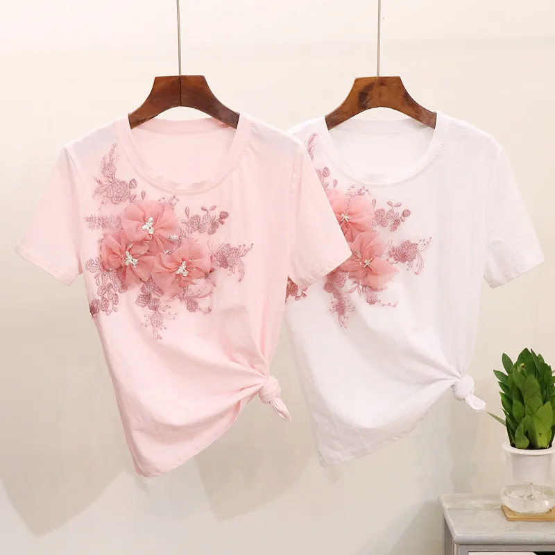 Amolapha Women 3D Appliques T-shirts Pullovers Summer Female Woman Floral Embroidery Tshirt Tops | Женская одежда