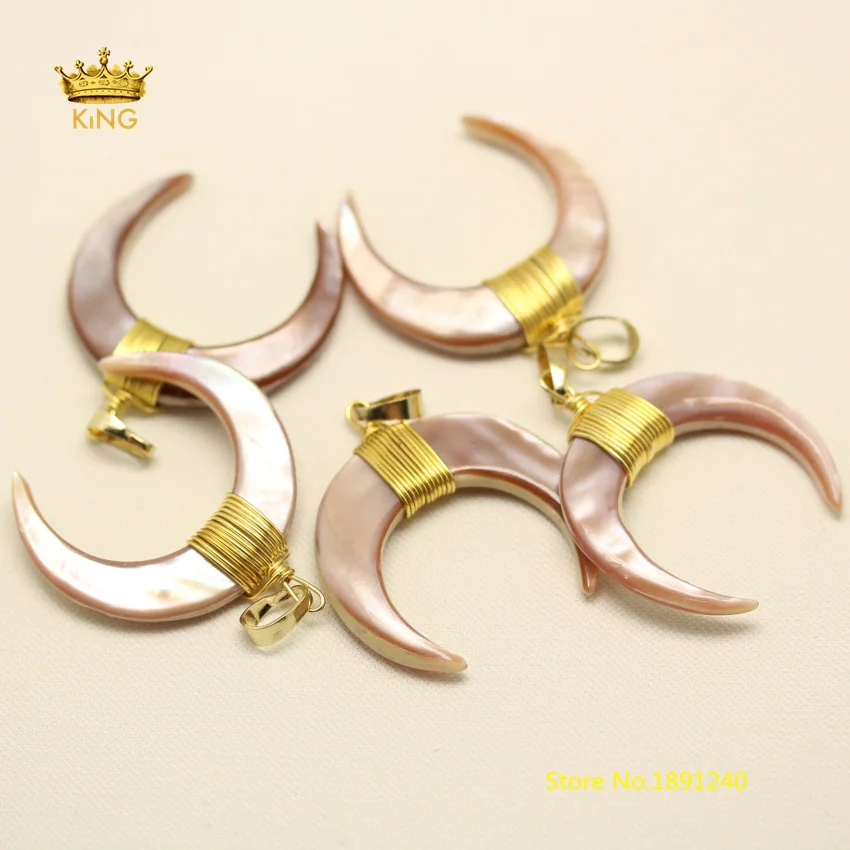 

10pcs Champagne Shell Wire Wrapped OX Horn Shell Plated Gold Color Copper Charms Crescent Shell Pendants Making Necklace DSS17