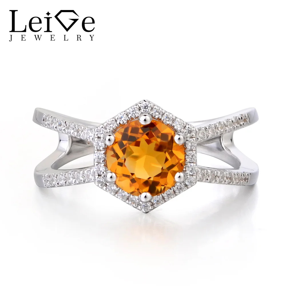 

Leige Jewelry Genuine Solid 925 Sterling Silver Natural Citrine Wedding Ring Round Cut Yellow Gemstone November Birthstone Gifts