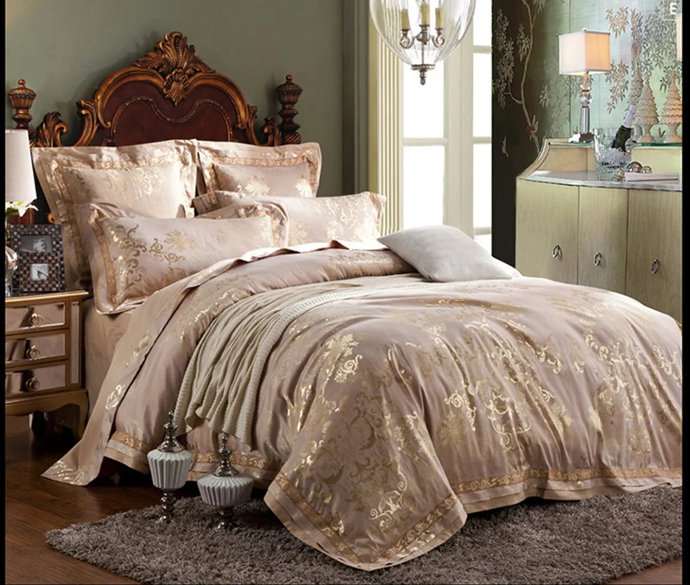 melhor Conjuntos De Cama De Luxo De Cetim Jacquard Bordado Jogo De Cama De Casal Queen Rei Capa De Edredão Conjunto De Folhas De Cama Fronha 4/6 Pcs De Ouro Cinza