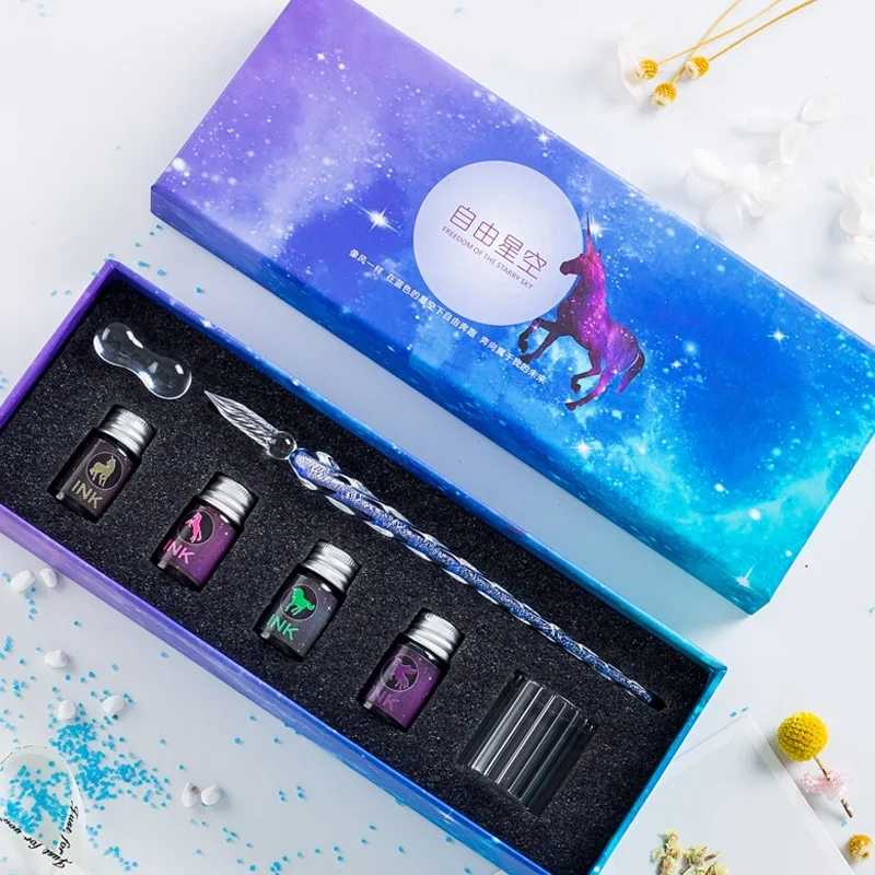 Middle box C JUGAL прозрачная стеклянная ручка звездное небо Dip Ручка Блеск порошок ручка чернила Подарочная коробка набор пишущий инструмент перьевая Dip Ручка подарочная коробка - Цвет: Middle box C