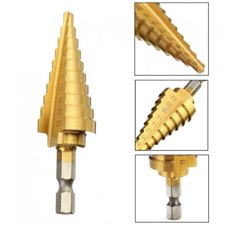 

1PC Hex Titanium Step Cone Drill Bit 4-22MM Hole Cutter For Sheet Metalworking Wood Drilling High Quality Power Tools