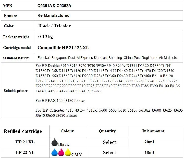 Совместимость hp 21 22 XL C9351A C9352A Заправляемый картридж hp с чернилами hp Deskjet F380 F2280 3910 3915 3918 3920 3938 D1530 D1311 D1320