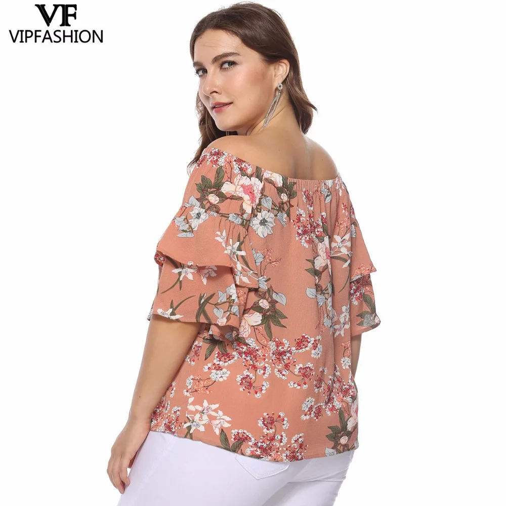 VIP FASHION 2019 New Arrivals Plus Size Sexy Ladies Printed Slash Neck Casual Shirt Half SLeeve Chiffon Women's Summer |