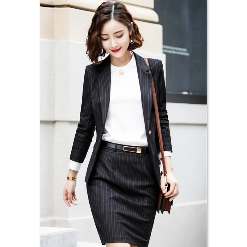 black skirt suit Юбка костюм офисная одежда 4XL плюс размер 2 шт комплект синяя полосатая куртка юбка костюм интервью хост Карьера Леди Рабочий костюм 622 - Цвет: black skirt suit
