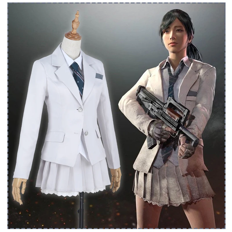 Hotest игры PUBG Косплэй одежда Playerunknown's боя Косплэй костюм платье Набор Whilte Цвет форма для девочек Для женщин