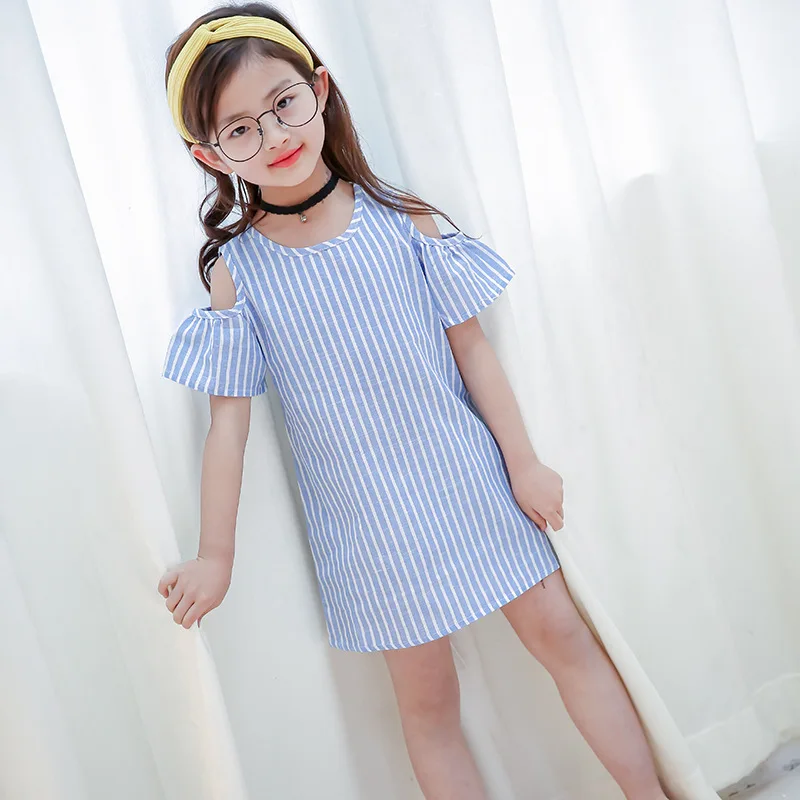 Cute Baby Girl Plaid Dresses Hot Summer Toddler Kids Girls Clothes Blue Striped Off-shoulder Party Gown Formal Dress | Детская одежда и