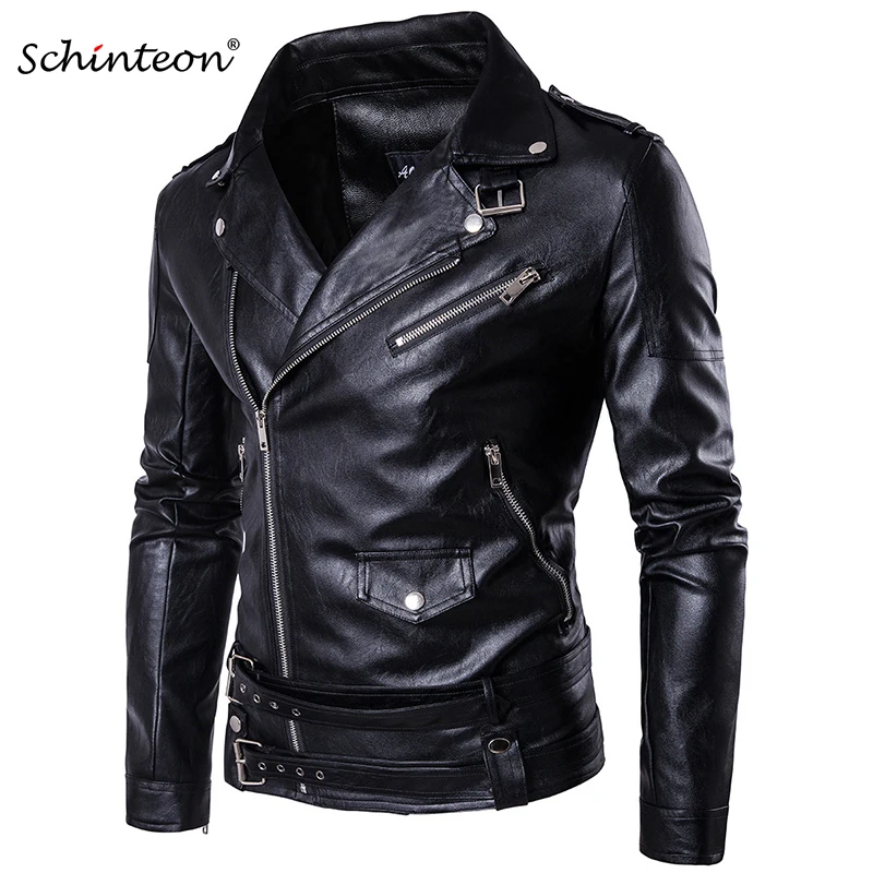 

Men Motorcycle Leather Jacket Outwear Zipper Belt Black Male Soft PU Biker Coat High Quality