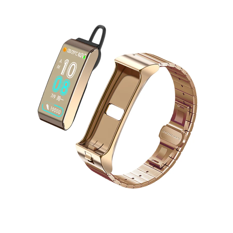 Steel Gold Смарт-браслет Bluetooth наушники пульсометр кровяное давление Браслет фитнес-трекер Bluetooth гарнитура для Android IOS группа - Цвет: Steel Gold