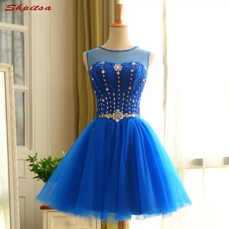 

Royal Blue Short Cocktail Dresses Womens Sexy Crystal Beaded Prom Coctail Dress for Party jurk vestidos de coctel