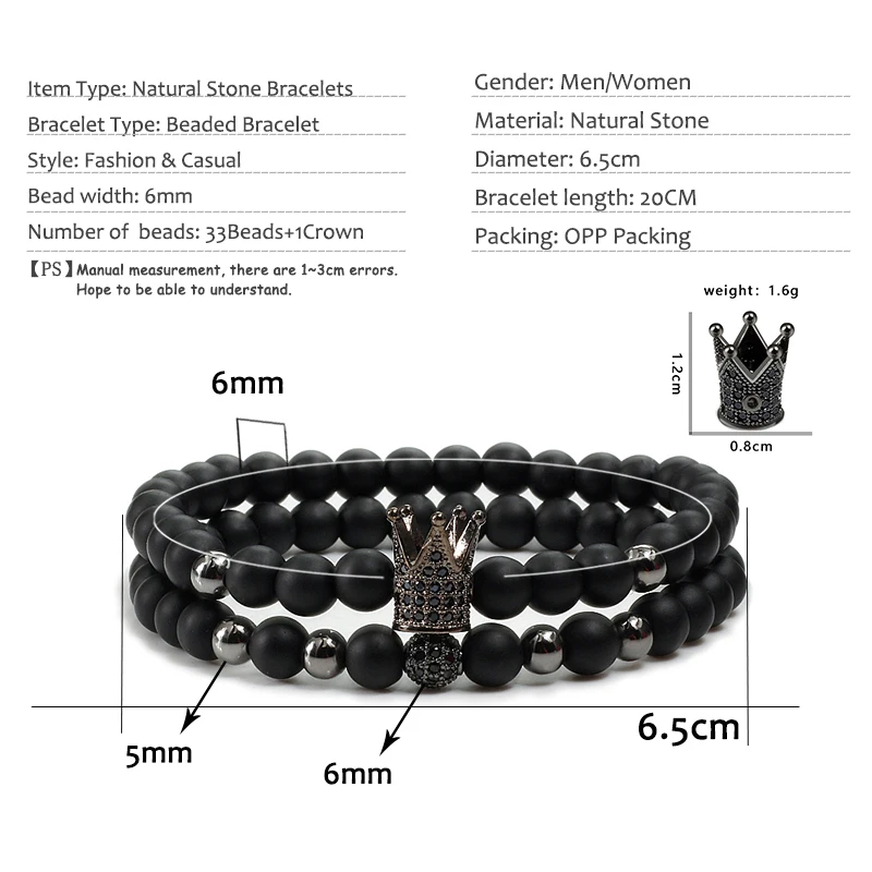 2 шт./компл. оксин камень бусы браслет мужской Корона CZ проложить браслеты