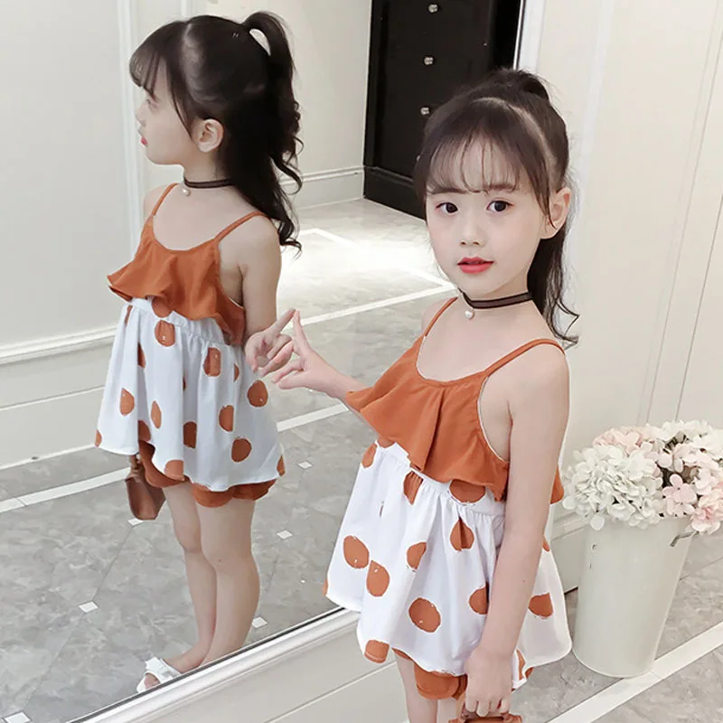 Комплекты одежды в горошек для девочек-подростков жилет с оборками топы шорты