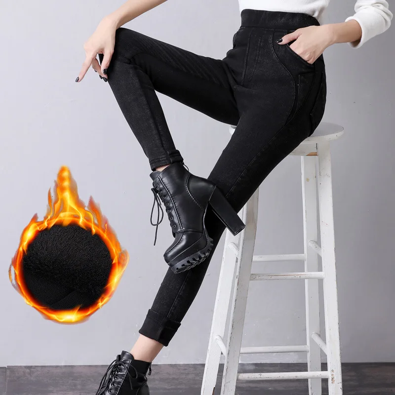 Women Casual Pants Winter Velvet Cotton High Waist Jeans Elastic Pencil Fashion Skinny Warm Trousers Plus Size | Женская одежда