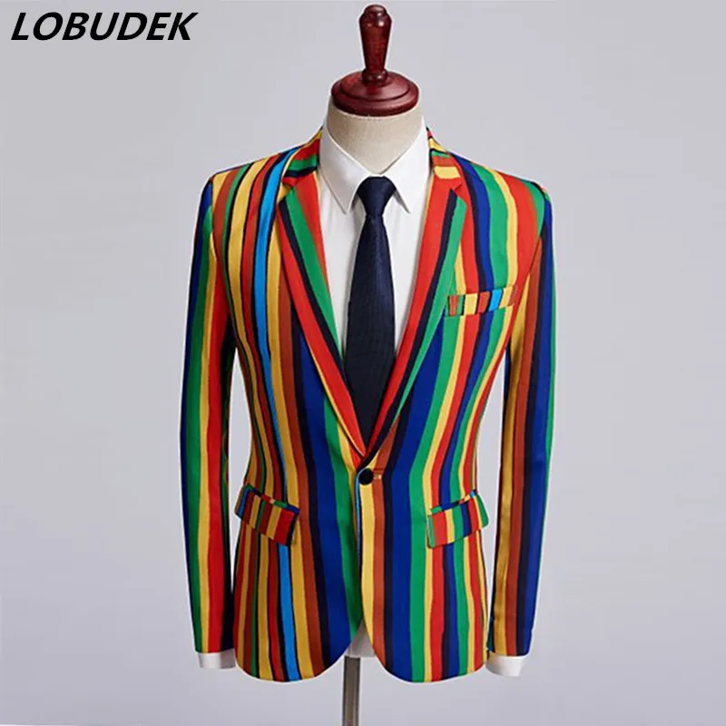 Fashion Colorful Stripe Blazers Men's Formal Coat Singer Host Evening Party Costume Male Star Stage Performance Stage Clothing