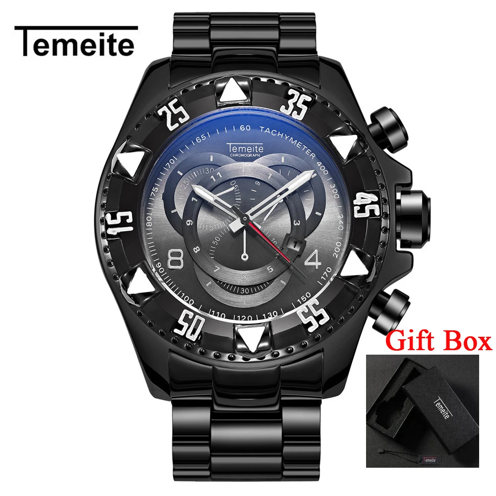 Temeite мужские модные креативные большой циферблат часы роскошные золотые синий полный Сталь кварцевые наручные часы Водонепроницаемый мужской Relogio Masculino - Цвет: TEMEITE 3 with box