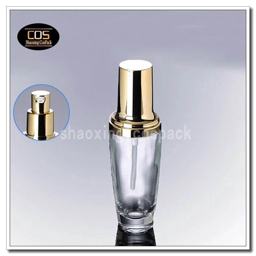 1oz glass serum bottle packaging with dispenser, 30ml empty clear glass pump bottles with gold cap for sale