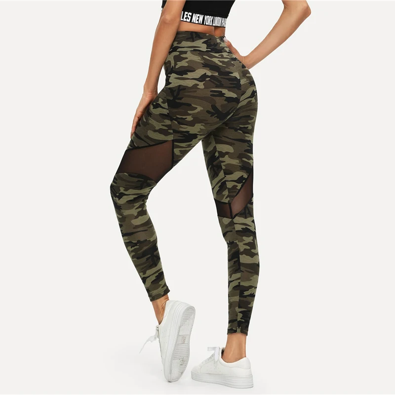 SHEIN многоцветные сетчатые леггинсы с камуфляжным принтом Спортивные Лоскутные Короткие штаны женские осенние леггинсы для активного отдыха