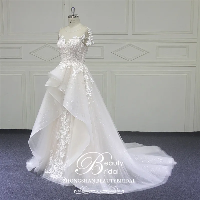 Beautybridal Custom made lace Beads Wedding Dresses round illusion neckline wedding gown short sleeves Vestido de Noiva LS706 | Свадьбы и