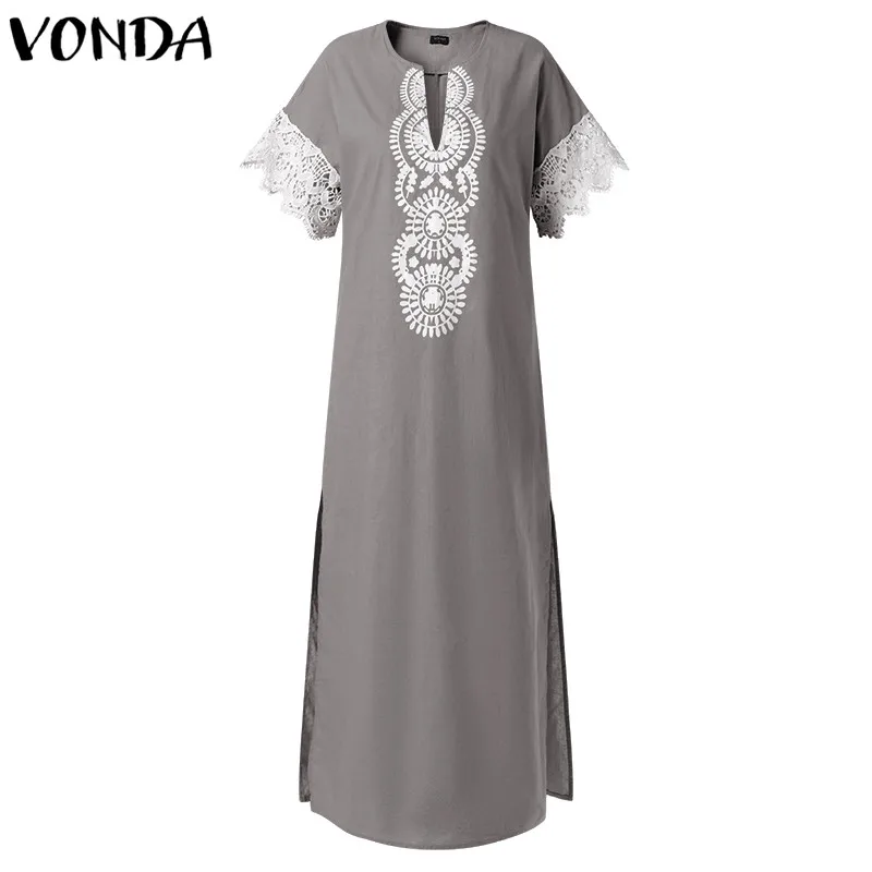 VONDA, женское сексуальное длинное платье макси,, летнее, винтажное, v-образный вырез, короткий рукав, богемное, с разрезом, кружевное, пэтчворк, вечерние платья размера плюс