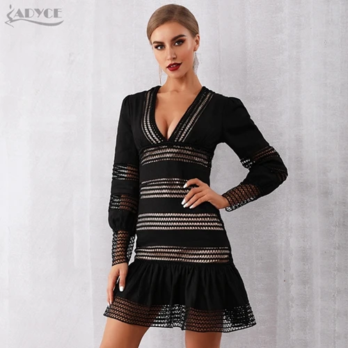 Adyce вечернее платье в стиле знаменитостей Vestidos Новое сексуальное платье с глубоким v-образным вырезом и длинным рукавом, кружевное женское мини подиумное Клубное платье - Цвет: Black
