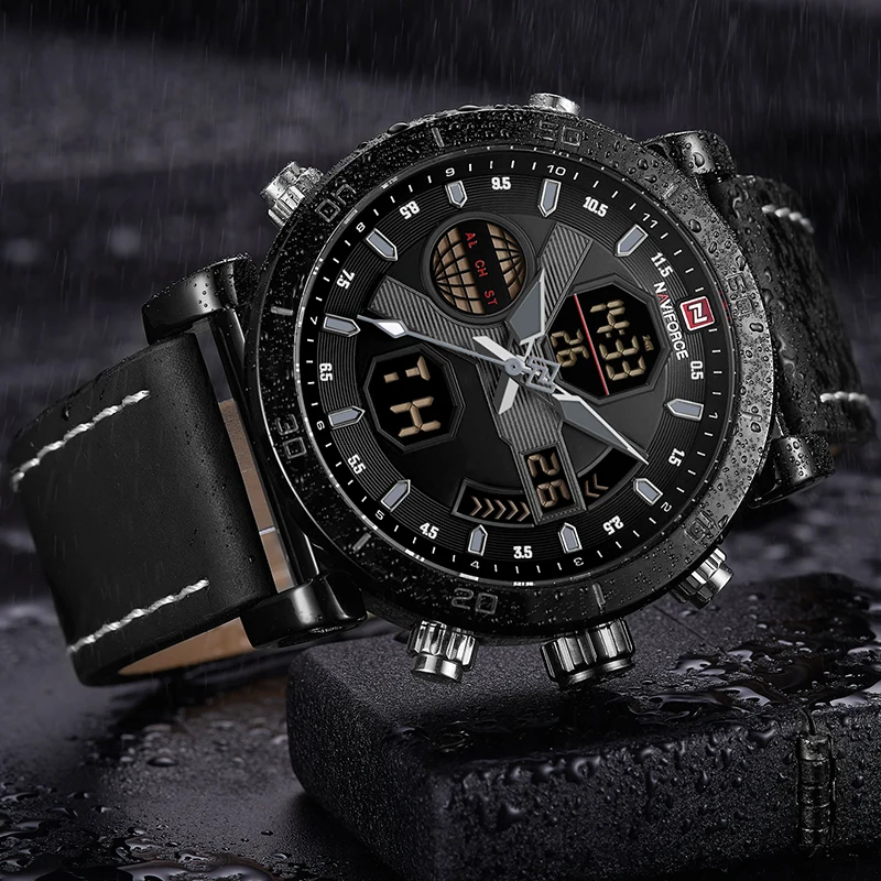 NAVIFORCE Для мужчин армии спортивные часы кожаный ремешок Waterpoof Многофункциональный