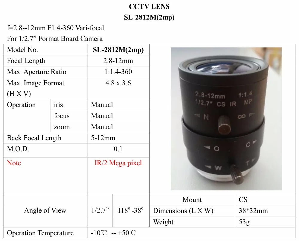 1/3 &quotF1.4 варифокальный ручной объектив радужной оболочки CS 2 8-12 мм камеры