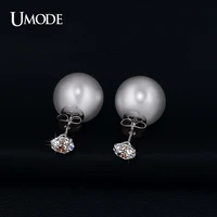 umode 3 prongs 0 75 carat cubic zirconia imitation pearl double sided stud earrings white gold color jewelry for women je0253b