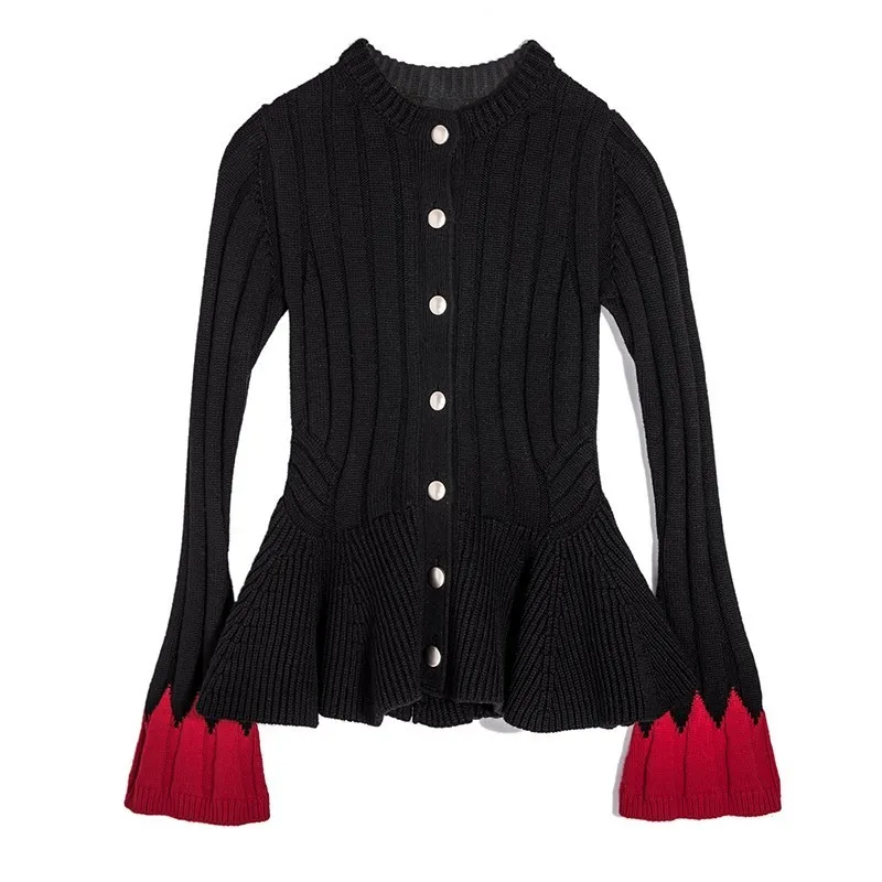 black TWOTWINSTYLE лоскутный хит цветов женский вязанный кардиган с расклешенным длинным рукавом и рюшами на подоле свитер женский модный джемпер осень - Цвет: black